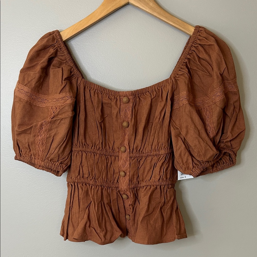 NWT Moon River Puff Short Sleeve Peasant Top Size Small Terra Cotta Brown‎